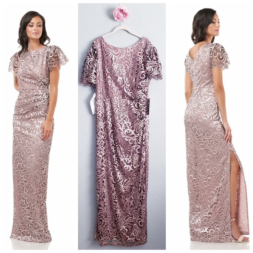 JS Collections Embroidered Mesh Flutter Sleeve Elegant Lace Evening Gown